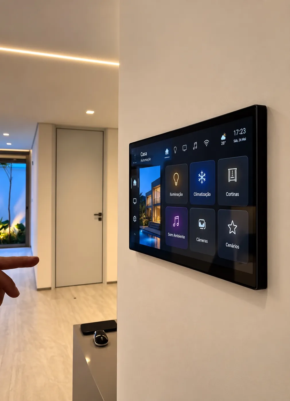 Painel de automação residencial instalado na parede