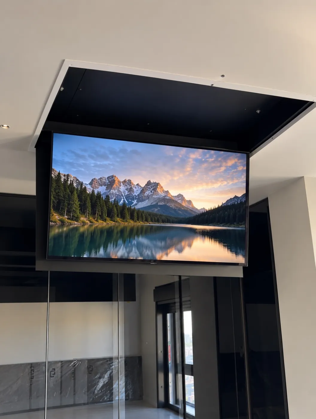 TV instalada em flap motorizado no teto