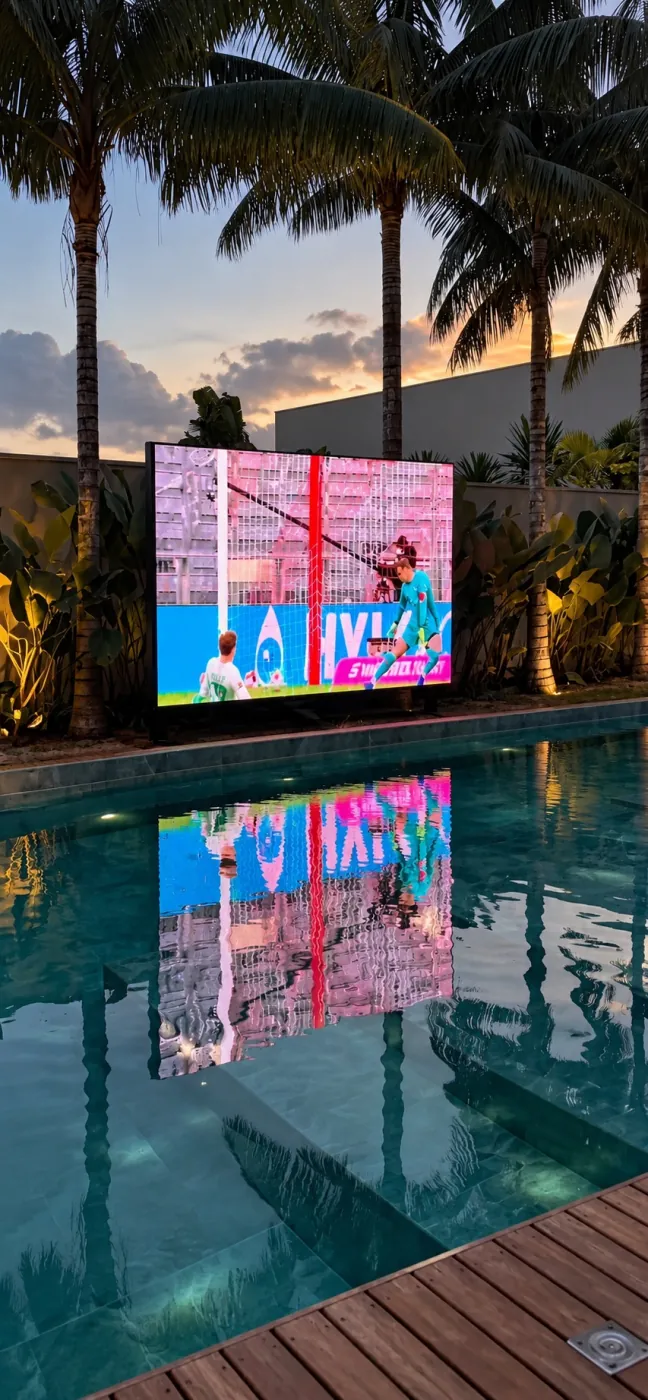 Painel de LED instalado ao lado de uma piscina