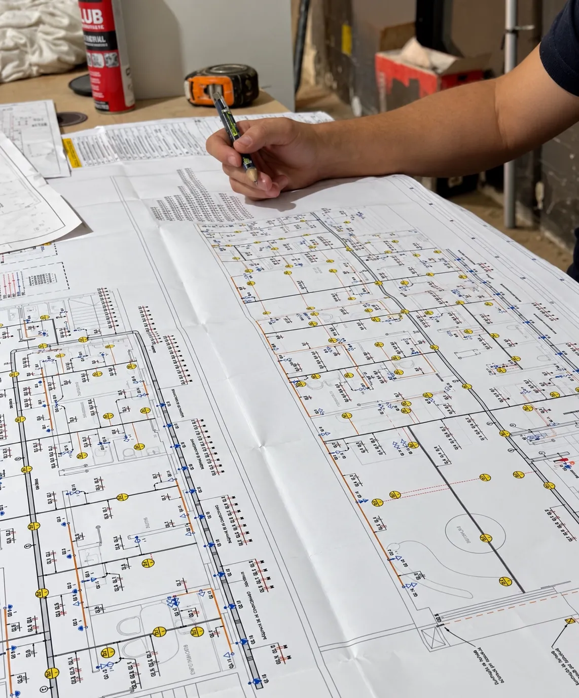 Profissional analisando uma planta técnica durante a obra