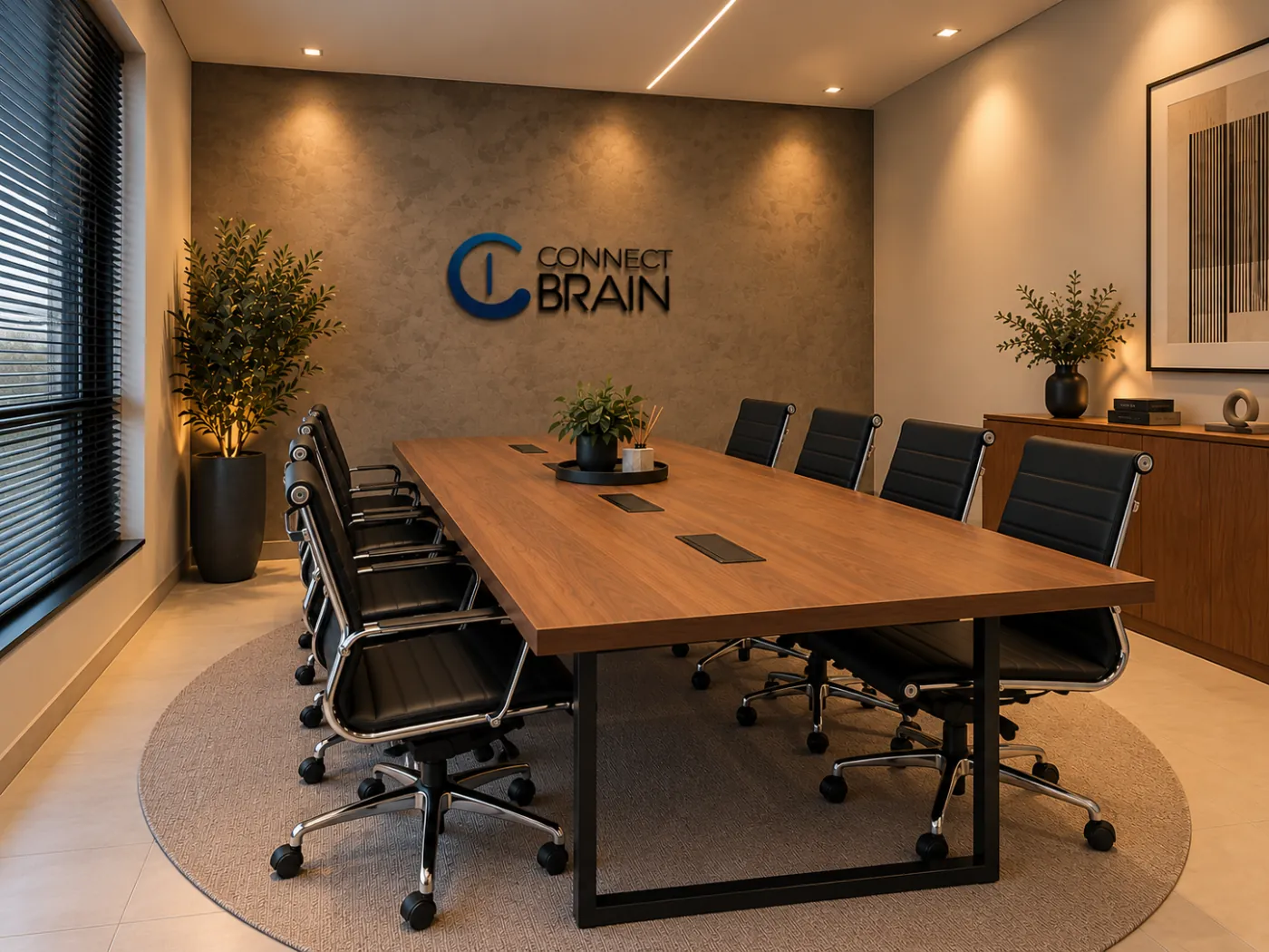 Sala de reunião da Connect Brain, com o logotipo na parede